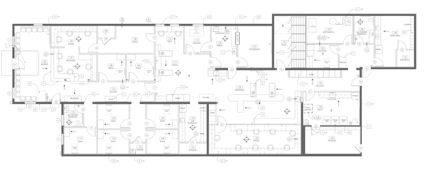 Veterinary center floor plan showing exam rooms, procedure areas, and surgical facilities